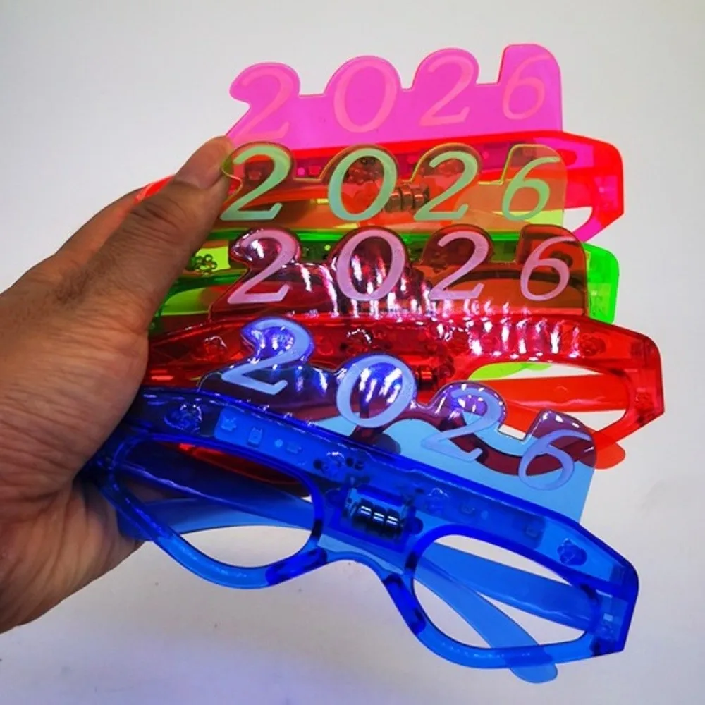 LED Glow 2026New Year Glow Glasses Square/Love Heart Shape Photographic Ornaments 2026 LED Glow Glasses Light Up Number Letter