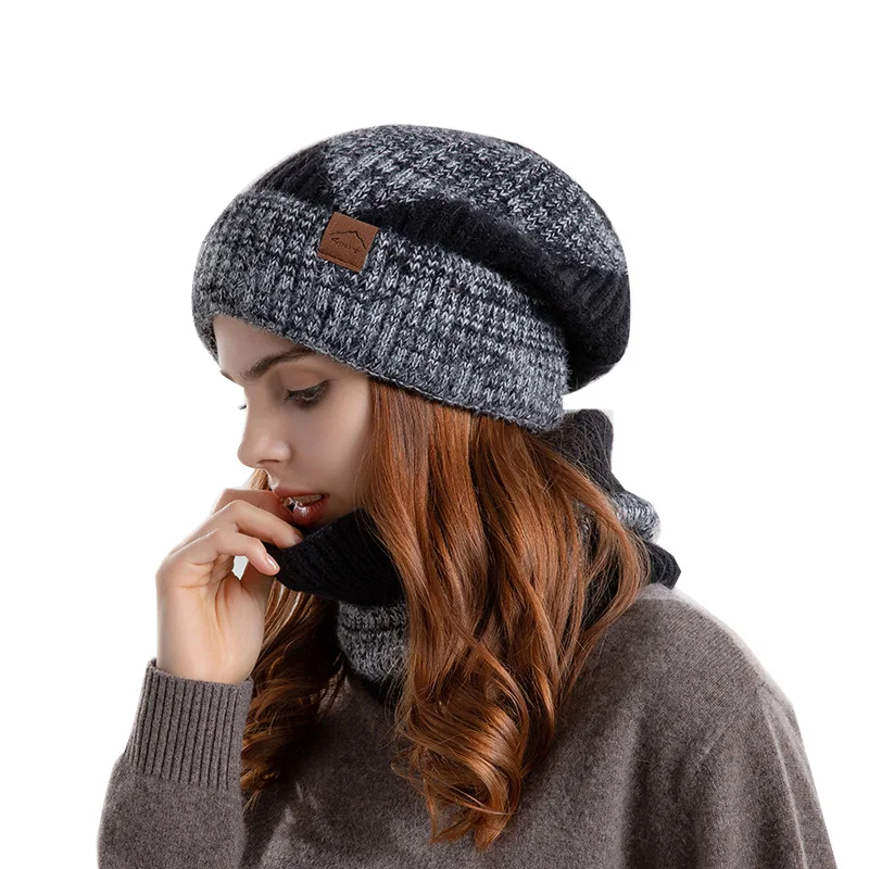 Winter Beanies Snood Sets Two Color Knitted Hat Female Casual Outdoor Balaclava Thicken Soft Warm Fur Scarf Cap Hats For_voghion.com