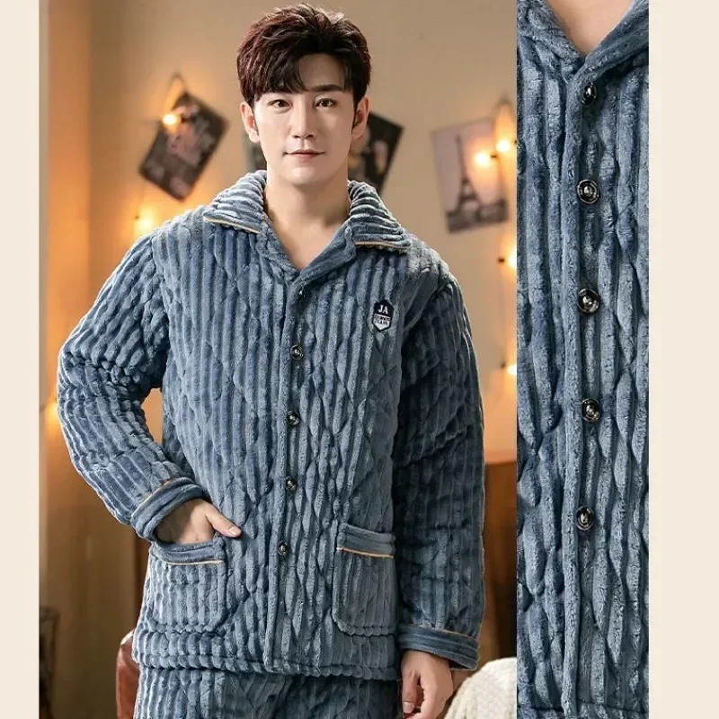 

New Leisure Suit Coral Three-layer Velvet Autumn Warm Quilted Flannel Home Wear Winter Style Clothes 2023 Thickened Men Pajamas