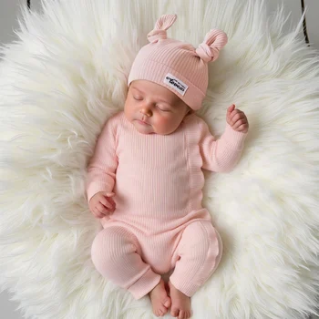 Abbigliamento per Fotografia Neonati, Tutina a Costine con Cappello a Orecchie di Coniglio, Set con Chiusura a Zip, Manica Lunga, Outfit per il Ritorno a Casa