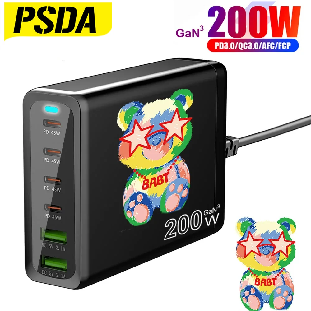 

PSDA 3D GaN 6 Ports 200W USB C Power Adapter PD 45W Fast Charger Type-C Charging Station for MacBook iPhone Samsung Xiaomi