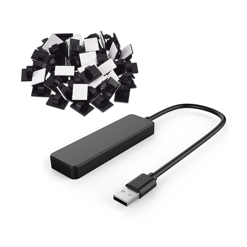 

51 Pcs Accessories: 1 Pcs Ultra Slim USB Hub 4-Port USB 2.0 Hub Black & 50 Pcs Self Adhesive Cable Clamp For Car