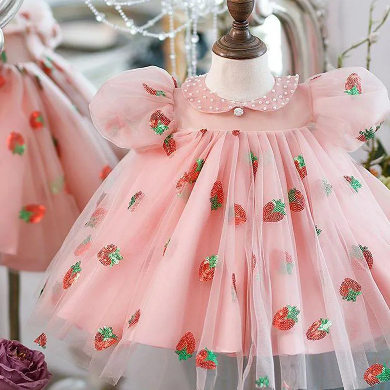 

Newborn Sweet Princess Strawberry Dress for Girl Puffy Sleeve Lace Organza Beading Clothing Child Wedding Flower Pink Prom Gowns