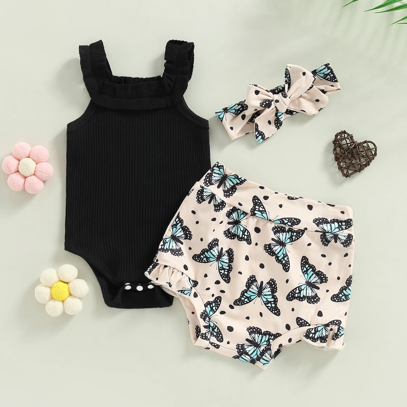 Infant Newborn Baby Girls Shorts Set, Sleeveless Romper + Flower/Rainbow/Butterfly Print Shorts + Hairband 3Pcs Set 0-18M 2
