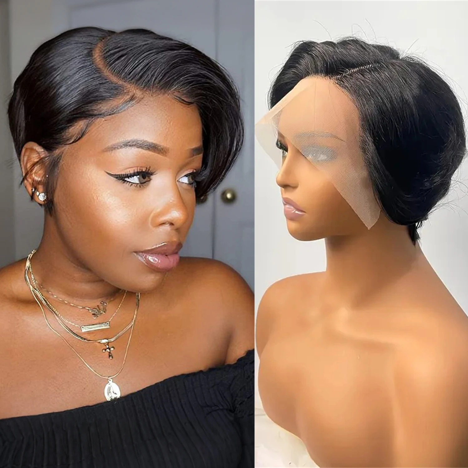 Short Pixie Cut Wig Straight Human Hair Bob Wig 13X4 Lace Front Brazilian Remy Hair Natural 6 inch Dark Brown Natural Black