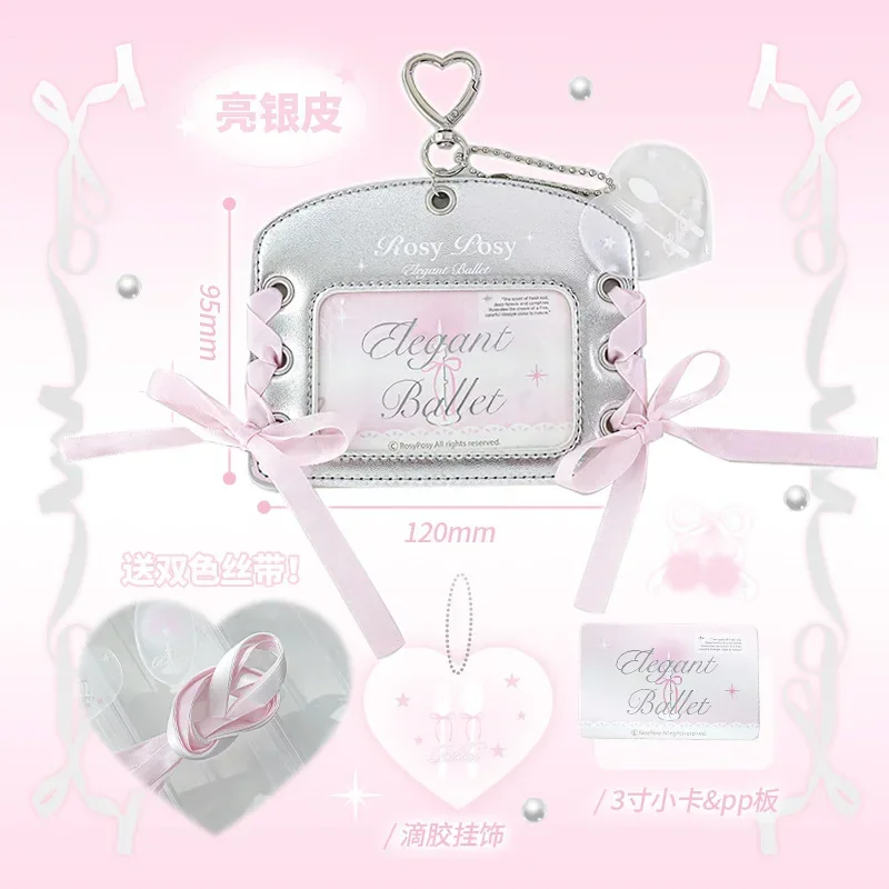 Lace Kpop Photocard Holder Sweet Chic Sliver Color Student ID Card Cover Case with Key Ring Bow Ribbon Photo Card Protector 6