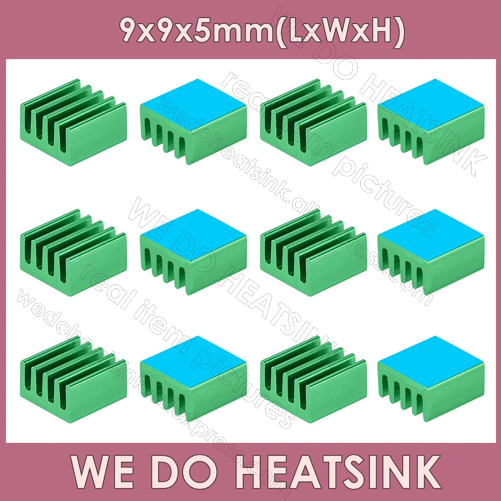 

WE DO HEATSINK 9x9x5mm Without or With Thermal Pad Green Anodized IC Chip Cooling Pure Aluminum Mute Graphics Card Heat Sink