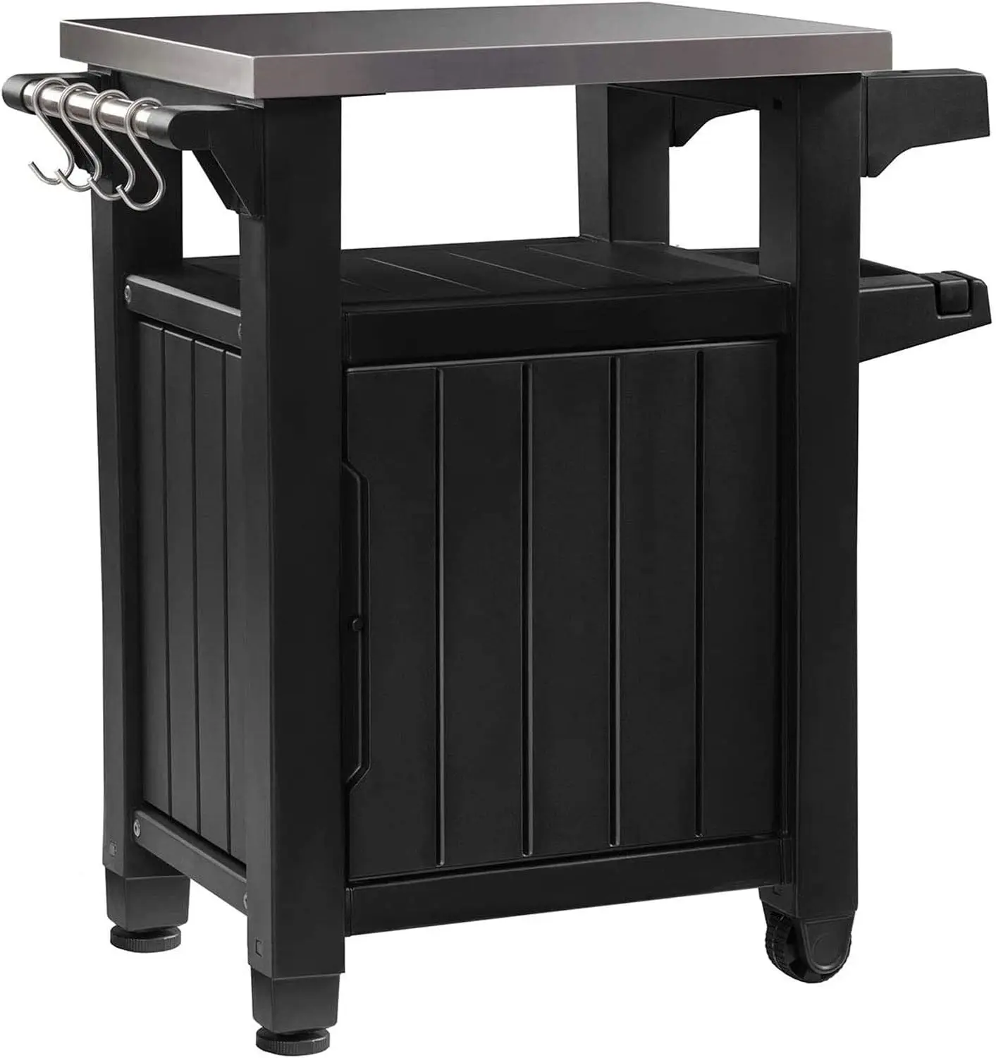 

Unity 40 Gallon Portable Weatherproof Outdoor Grill Table Bar Cart with Stainless Steel Countertop, Hook Storage Hangers,Gray