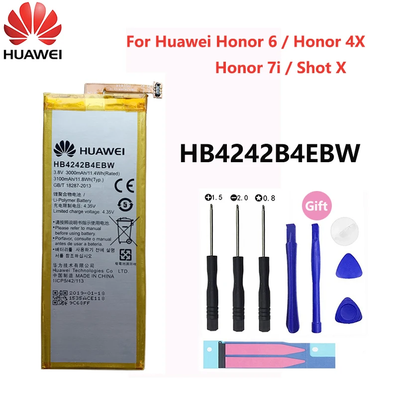 100% оригинальный сменный аккумулятор Hua Wei HB4242B4EBW для Huawei Honor 6 / 4X 7i Shot X ShotX 3000 мАч |
