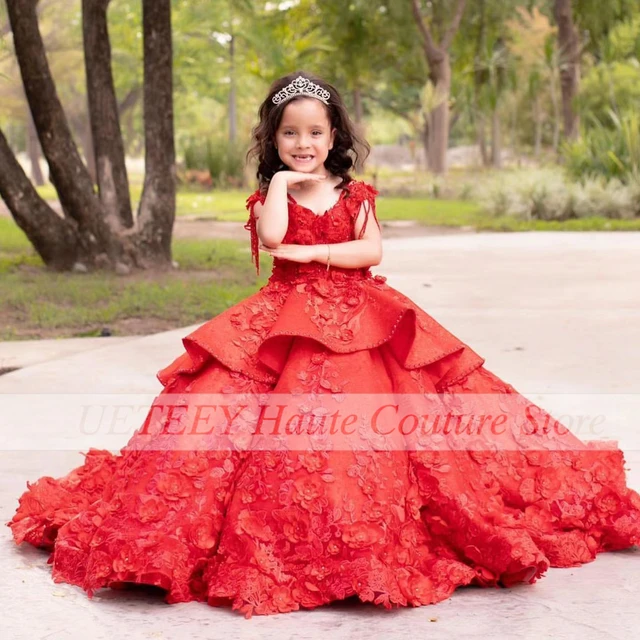 VESTIDO VERMELHO DE FESTA INFANTIL COM APLICAÇÕES DE FLORES 3D