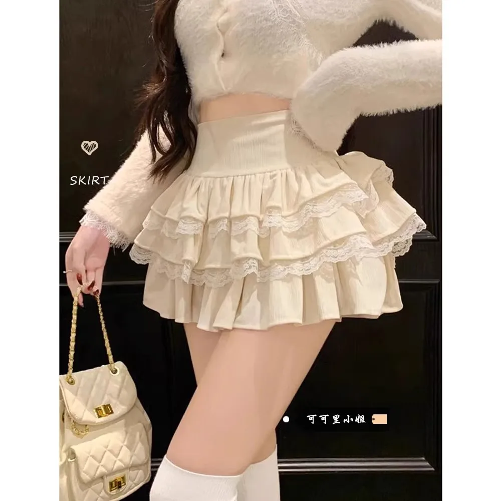 

2024 New High Waist Lace Women Fairycore Skirt Mori Gyaru Ruffle Skater Ball Gown Mini Patchwork Aesthetic Lolita Cutecore Skirt