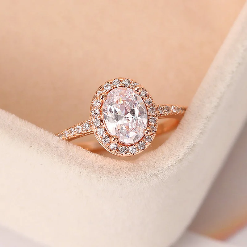Wedding Engagement Ring Women Oval Crystal Moissanite Promise Ring Rose Gold Color Marriage Bride Jewelry Accessories OHR078