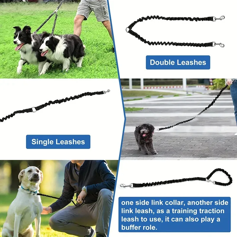 Pet Dog Double Leashes No Tangle Dog Leash Coupler Comfortable Shock Absorbing Reflective Bungee Lead for Nighttime Safety