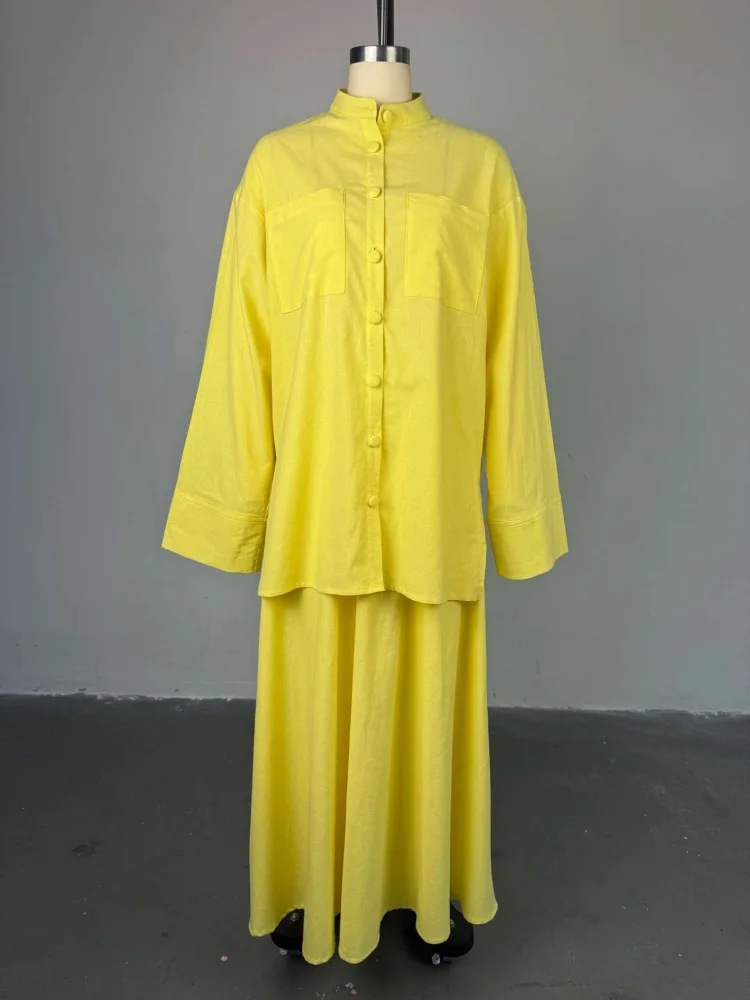 Wmstar Two Piece Set Women Wholesale Woman Clothing 2025 Summer New Casual Loose Long Sleeved Shirt Skirt Yellow Fashion