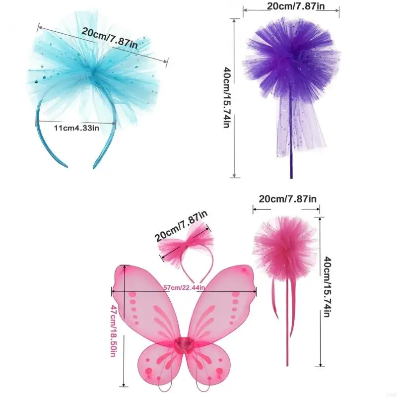 49MF Child Halloween Fairies Wing with Headband and Wand for Kid Birthday Christmas