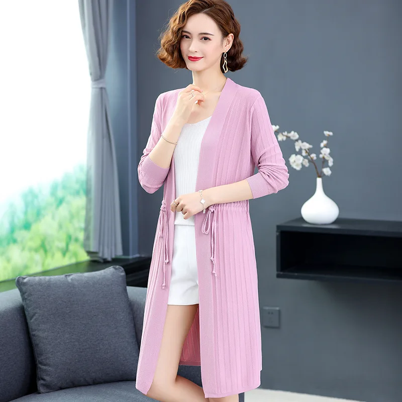 

Wholesale Ice Silk Sweater Women's Mid-Length Cardigan Jacket Thin Spring and Summer Long Sleeve Jacket