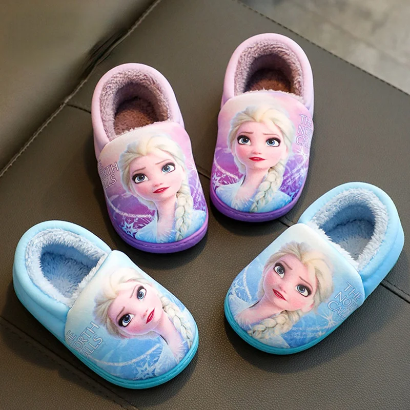 Cotton Slippers Disney Princess Sofia Elsa Winter Children Cotton Slippers Girl Parent-child Snow Non Slip Warm Baby Slippers Size 24-39 cotton slippers