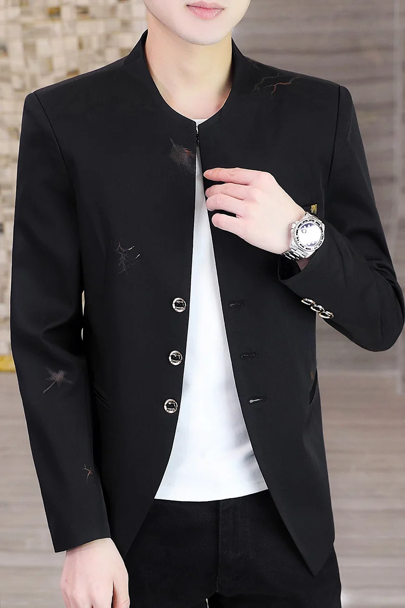 Autumn Feather Print Men Blazers Slim Fit Long Sleeve Collarless Casual Suit Jacket Korean Fashion Business Dress Coats M-4XL