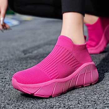 Fashion Platform Sports Shoes Men Orange High Top Knit Casual Sneakers Women Lightweight Breathable Slip-on Men's Running Shoes - Image 4