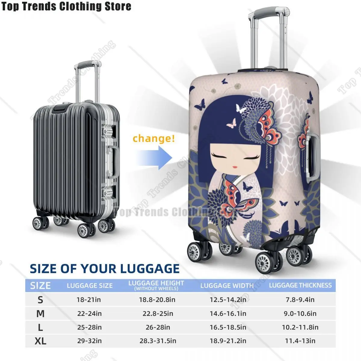 Kokeshi Doll Cherry Blossoms Luggage Cover Protector Fashion Japanese Kimono Geisha Girl Travel Suitcase Covers for 18-32 Inch 3
