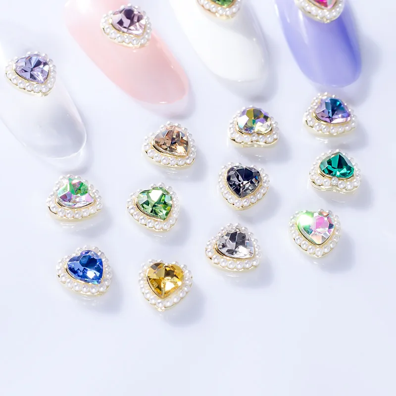 10Pcs 네일 진주 디자인 매력 보석 7.5x8mm 하트 네일 디자인 라인 석 매니큐어 용품 네일 아트 장식
