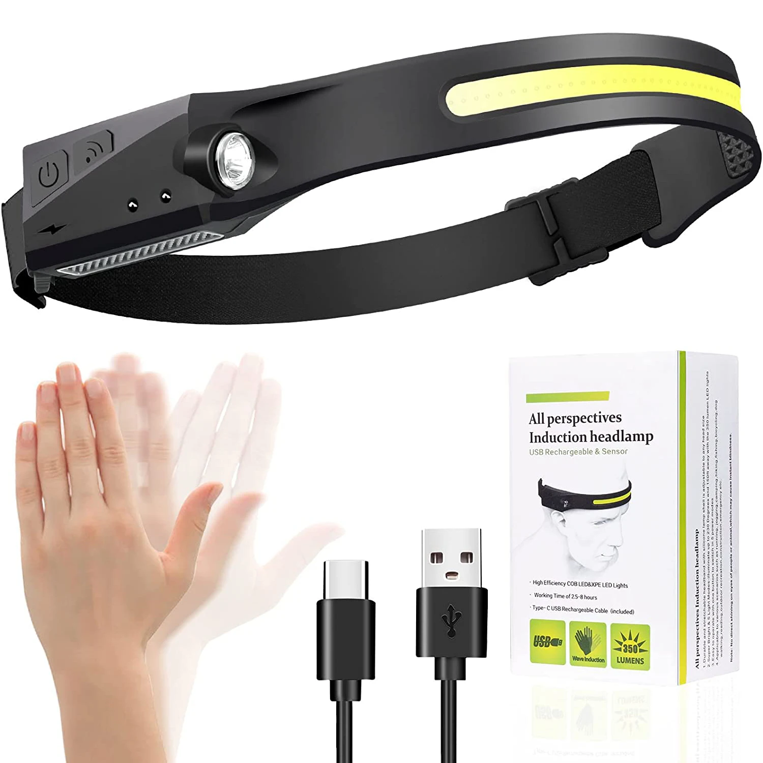 Cob led farol de indução lâmpada de cabeça bateria embutida usb recarregável cabeça lanterna acampamento ao ar livre pesca sensor farol