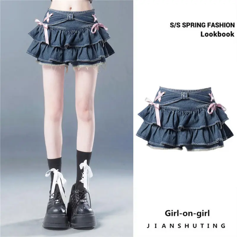 Blue denim pleated bow design women's A-line short skirt integrated with American hot girl Korean fashion pants.