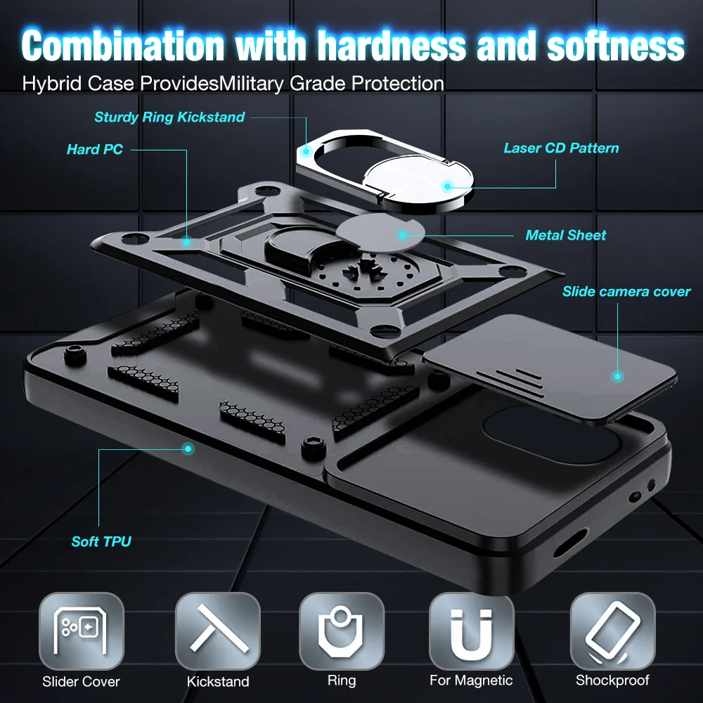 Shockproof Armor Case with Ring Holder and Slide Lens Protector