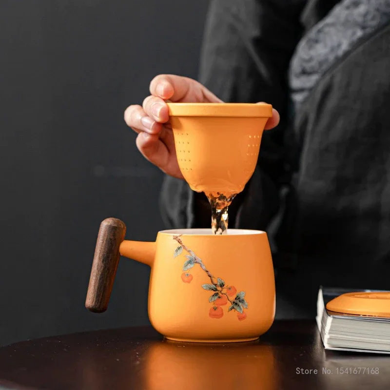 Persimmon Pattern Tea Mug Creative Ceramic Sky Blue Orange, Home, Tea Room, Study, Office Supplies, Milk, Coffee Cup, 350ml, 1Pc