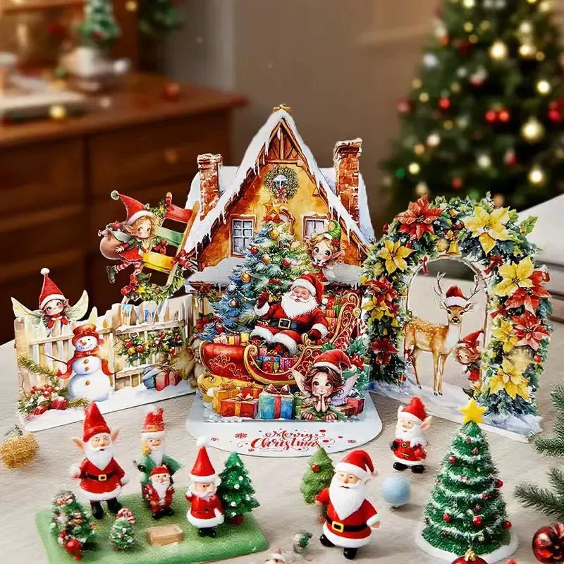 Description Picture 3 of item3D Christmas Card Night Before Christmas Scene With Santa, Reindeer, Snowy Village & Moonlit Sky Festive Holiday Greeting Card F