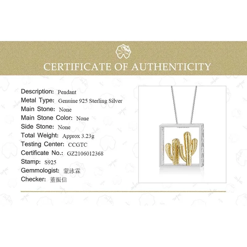 Lotus Fun Real 925 Sterling Silver Handmade Fine Jewelry Desert Series 18K Gold Cactus Design Pendant without Necklace for Women