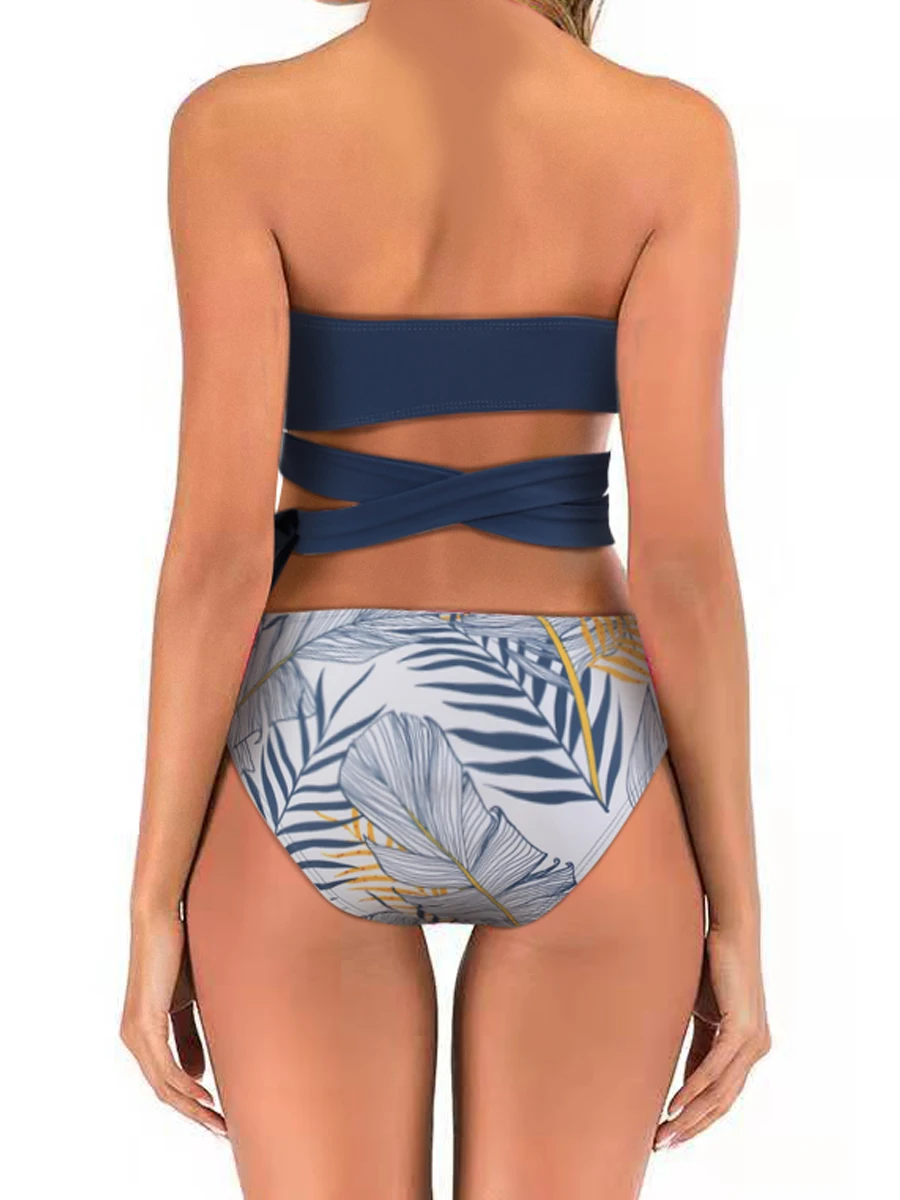 2023 Solid Tie Side Bandeau Bikini Women Triangle Swimsuit High Waist Swimwear Female Bather Bathing Suit Leaf Printed Beachwear