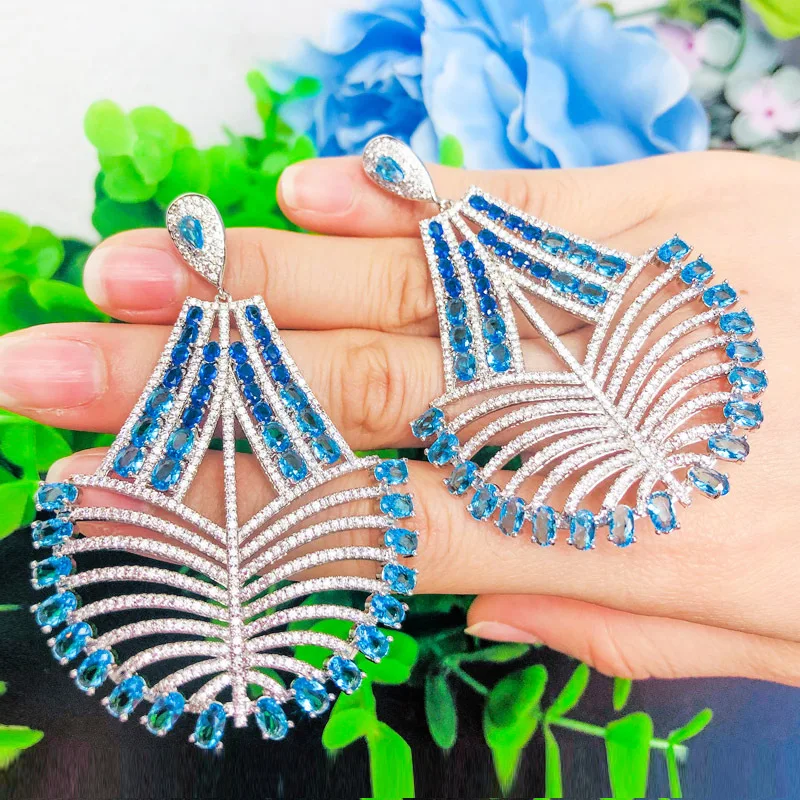 

Bohemian Stylefashion Design Fan Shape Luxury Blue Cubic Zirconia Statement Earrings for Women Valentine's Day Gift