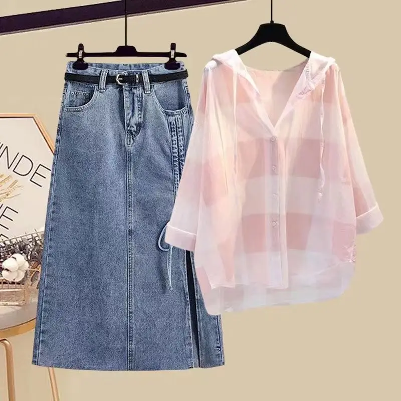 Oversized Women's Summer Set Women's 2023 New Temperament Loose Covering Flesh Sling Shirt Half Skirt Three Piece Set Fashion