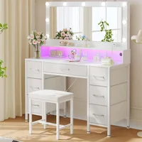 Vanity Desk with Mirror and Lights, Makeup Vanity with Upholstered Vanity Stool,Fabric Drawers,9 Dimmable LED Bulbs,Vanity Set 1