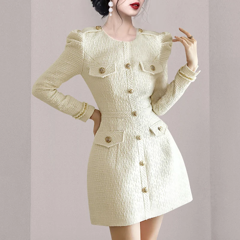 

Korean Women's Clothing Split Tweed Long Sleeve Dress Vintage Female Elegant Woolen Fashion Dresses Vestidos Robe