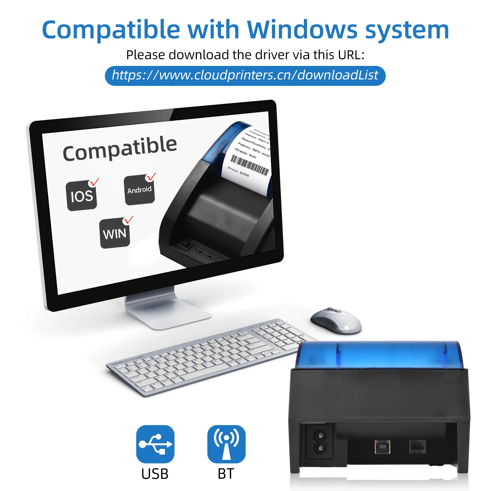 58mm Desktop Receipt Printer POS Printer Direct Thermal Printing for Android/iOS/Windows Support ESC/POS for Shipping Restaurant