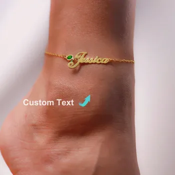 Custom Birthstone Name Anklets for Women Stainless Steel Personalized Summer Beach Leg Chain Ankle Bracelet Waterproof Jewelry