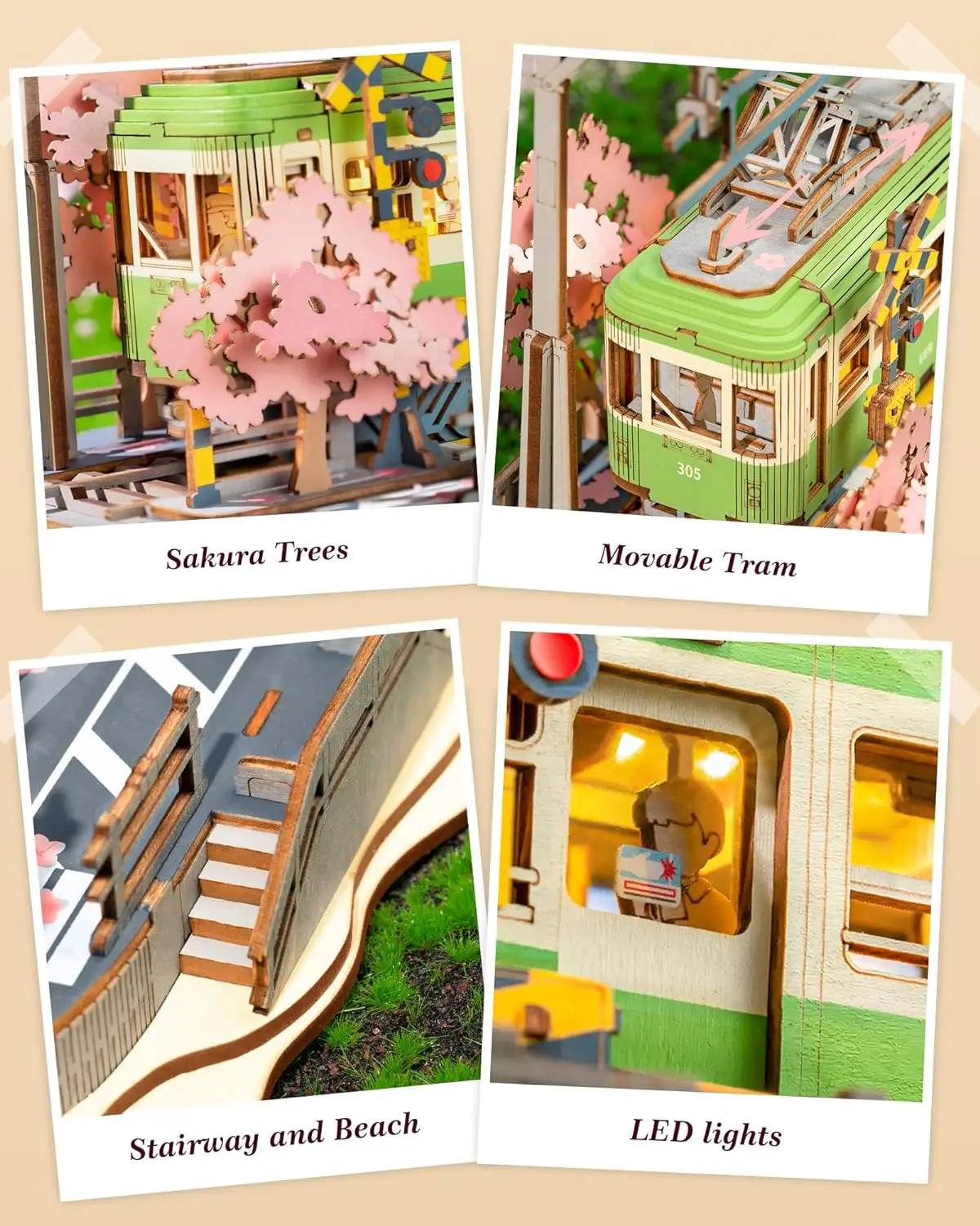 Robotime 3D Puzzles Sakura Journey DIY Model Building Toy with LED Light Wooden Craft Kits Tram Hobby for Kids Brain Teaser Gift 4