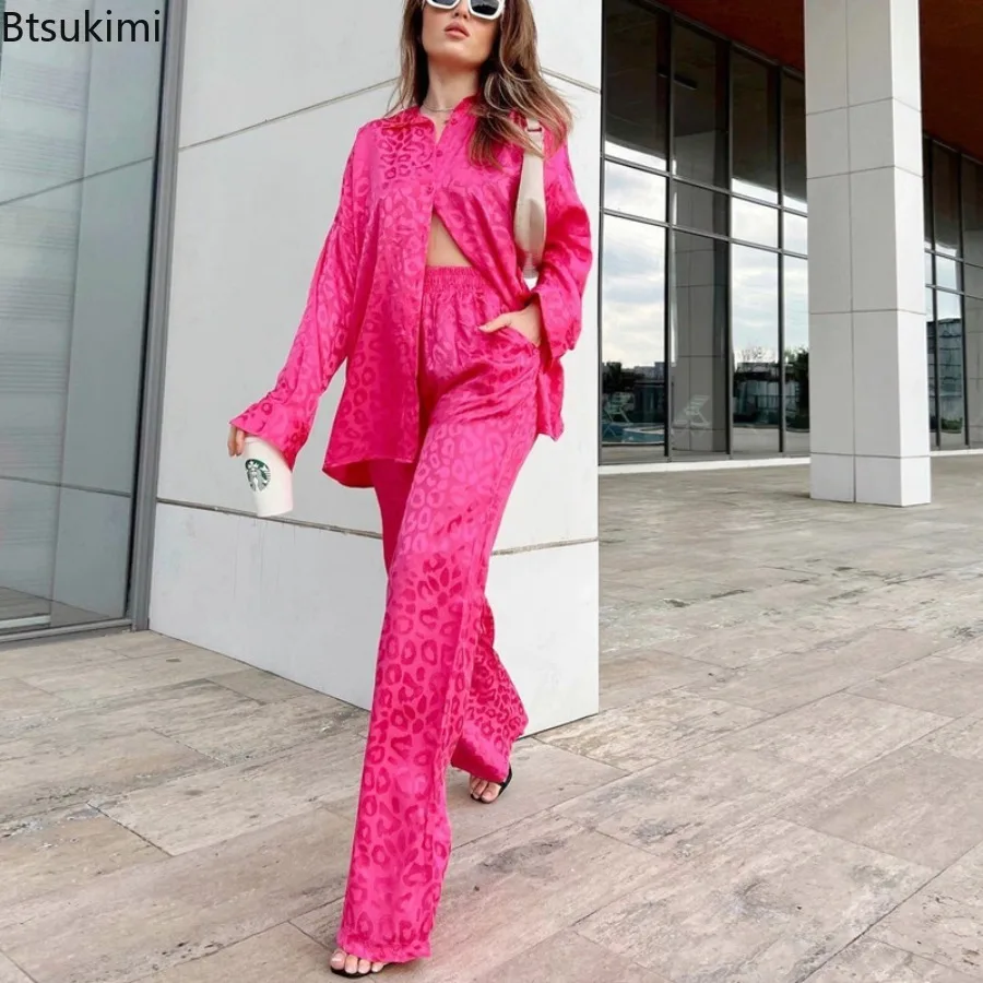 Trend Vintage Leopard Print Women Sets Fashion Single-breasted Lapel Shirt and Wide Leg Pants Suit Elegant Female Casual Outfits