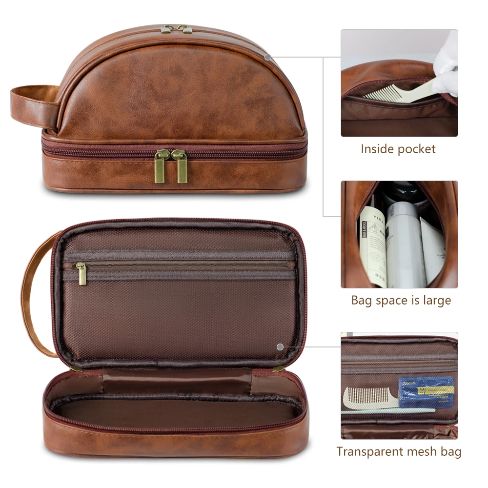 Men's leather makeup bag for travel men's high-end sense large capacity storage travel wash bag waterproof toiletry bag 2