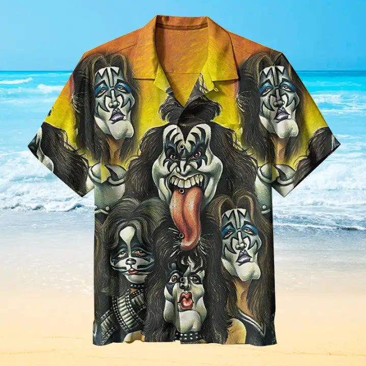 Trendy Cool Fashion KISS band Shirts Beach Party 3d Printing Hawaiian Shirt unisex Short Sleeve Oversized Blouse Lapel Shirt 6