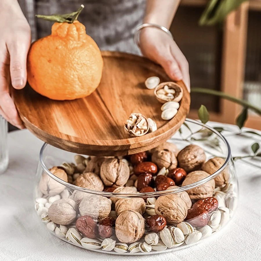 Dishes Glass Bowl Wood Plate Fruit Nut Dried Storage Box Container Candy Storage Box Fruit Tray With Wooden Lid Home Kitchen