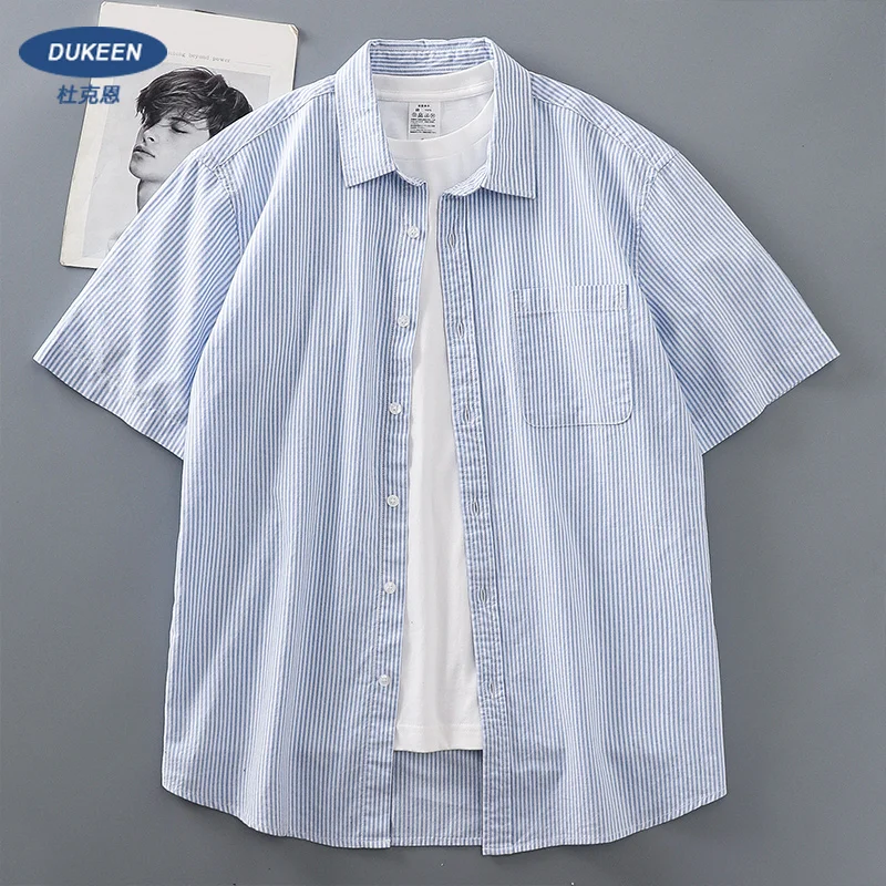 DUKEEN Men Casual Tops Striped Shirt Loose Tops Cotton Short-Sleeved Spring and Summer T-Shirt