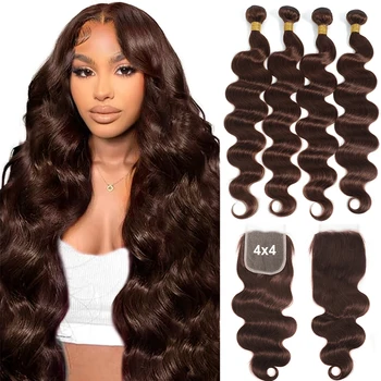 28 inch Chocolate Brown Bundles with Closure 4x4 13x4 Body Wave Human Hair 100% Raw Human Hair Weave Extensions Middle Part Lace 1