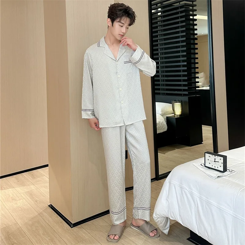 Spring Autumn Men's Ice Silk Pajamas Long Sleeve Lapel Cardigan Pants Plaid Jacquard Home Clothing Set Loose Oversized Sleepwear
