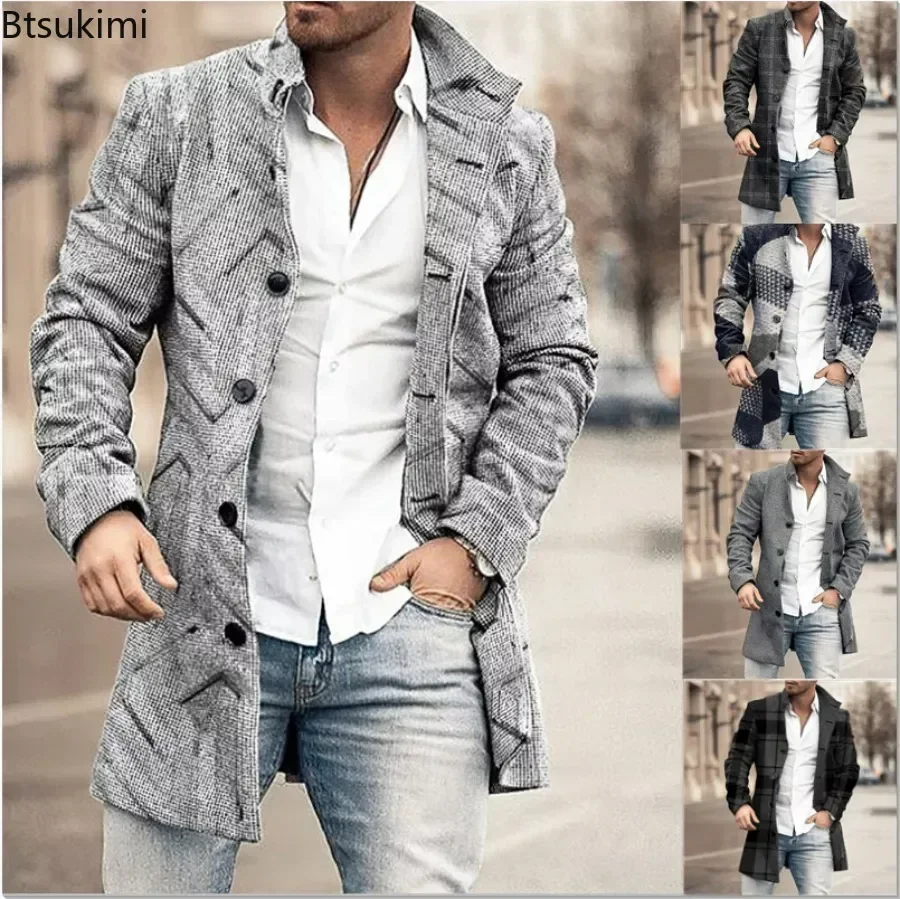 2024 Men's Casual Wool Blends Jacket Plaid Print Long Sleeve Buttoned Jackets Coats Tops Male Warm Outerwear Long Coats Men 4XL