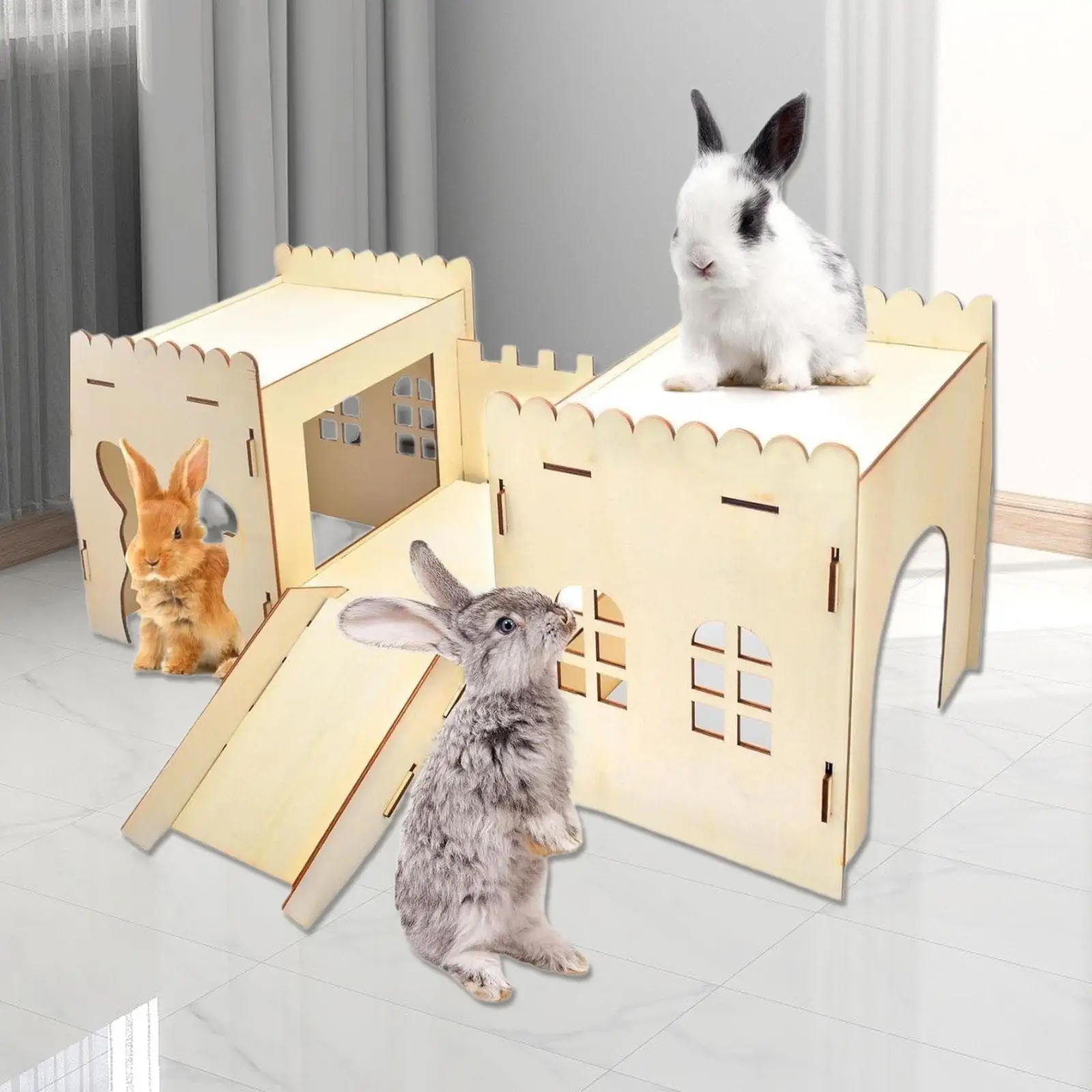 Wooden Bunny Hideout Castle Bed Hut Outdoor with Cave Stairs Wooden Bunny House for Ferret Playing Sleeping Hiding
