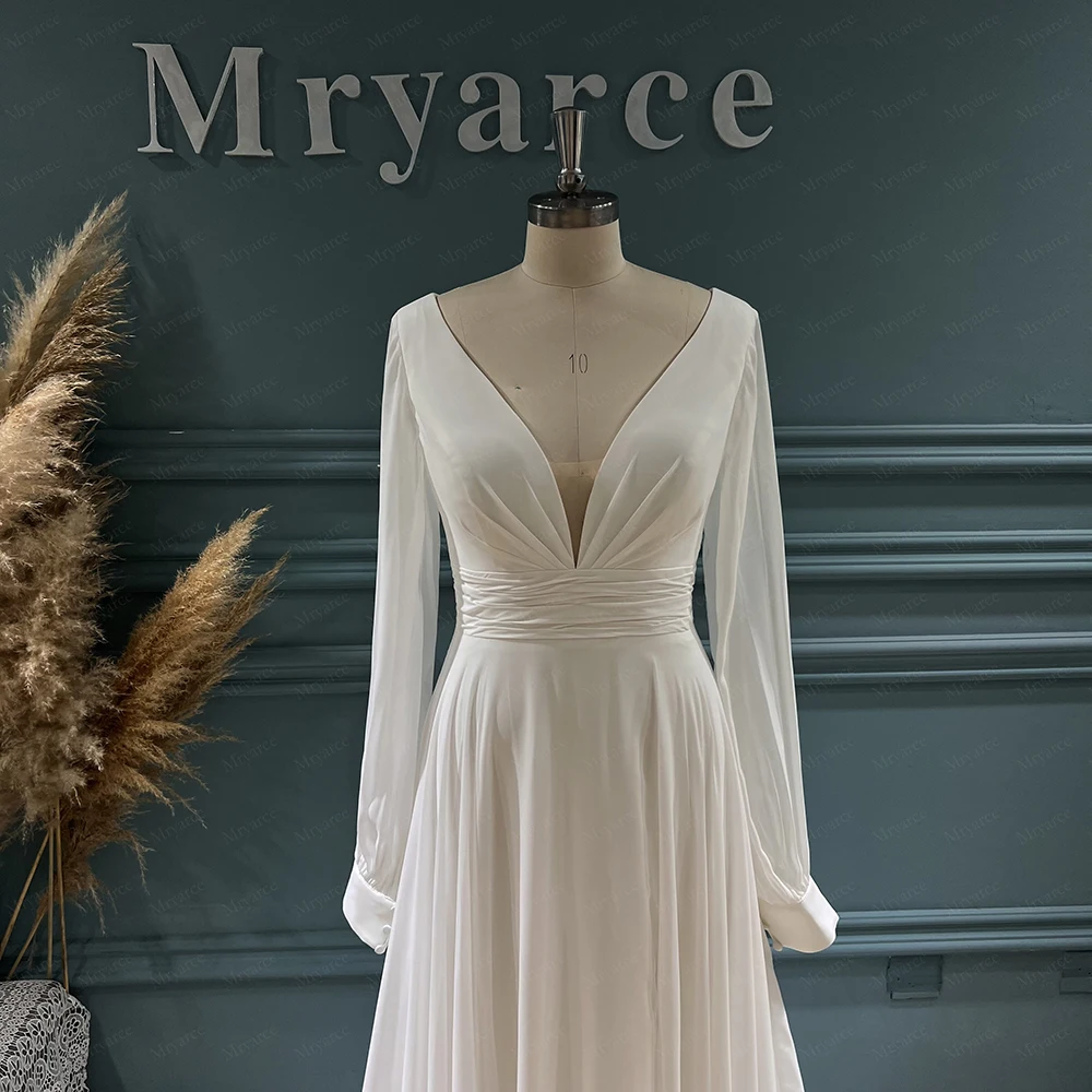 Mryarce Classic Elegant Chiffon A Line Wedding Dresses Deep V Neck Long Sleeves Side Slit Bridal Gowns 2