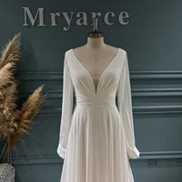Mryarce Classic Elegant Chiffon A Line Wedding Dresses Deep V Neck Long Sleeves Side Slit Bridal Gowns 2